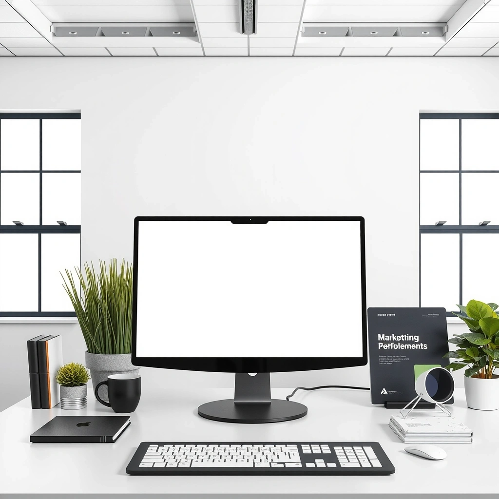 Clean, minimalist marketing workspace with organized materials and clear visual hierarchy